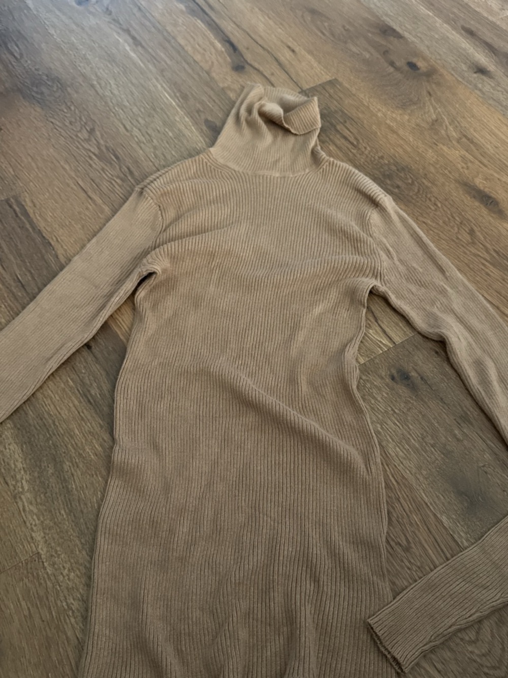 Express Ribbed Turtleneck Sweater Dress in Camel